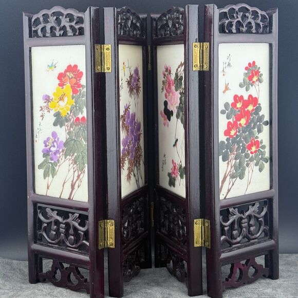 Vintage 2-Sided Hand Painted Marble Articles 4-panel Table Screen China Flowers - Picture 2 of 16